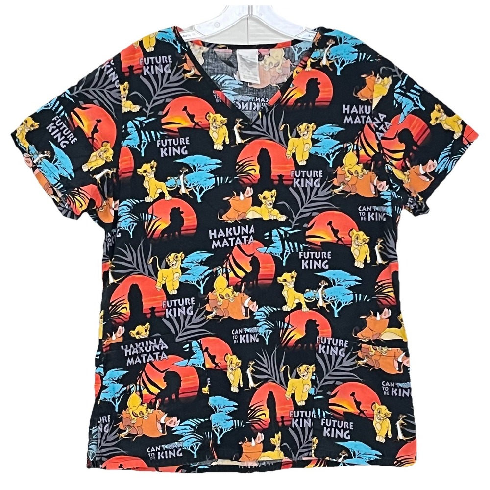 Disney Womens Scrub Top M Black‎ Lion King Simba 3 Pocket 100% Cotton Medical